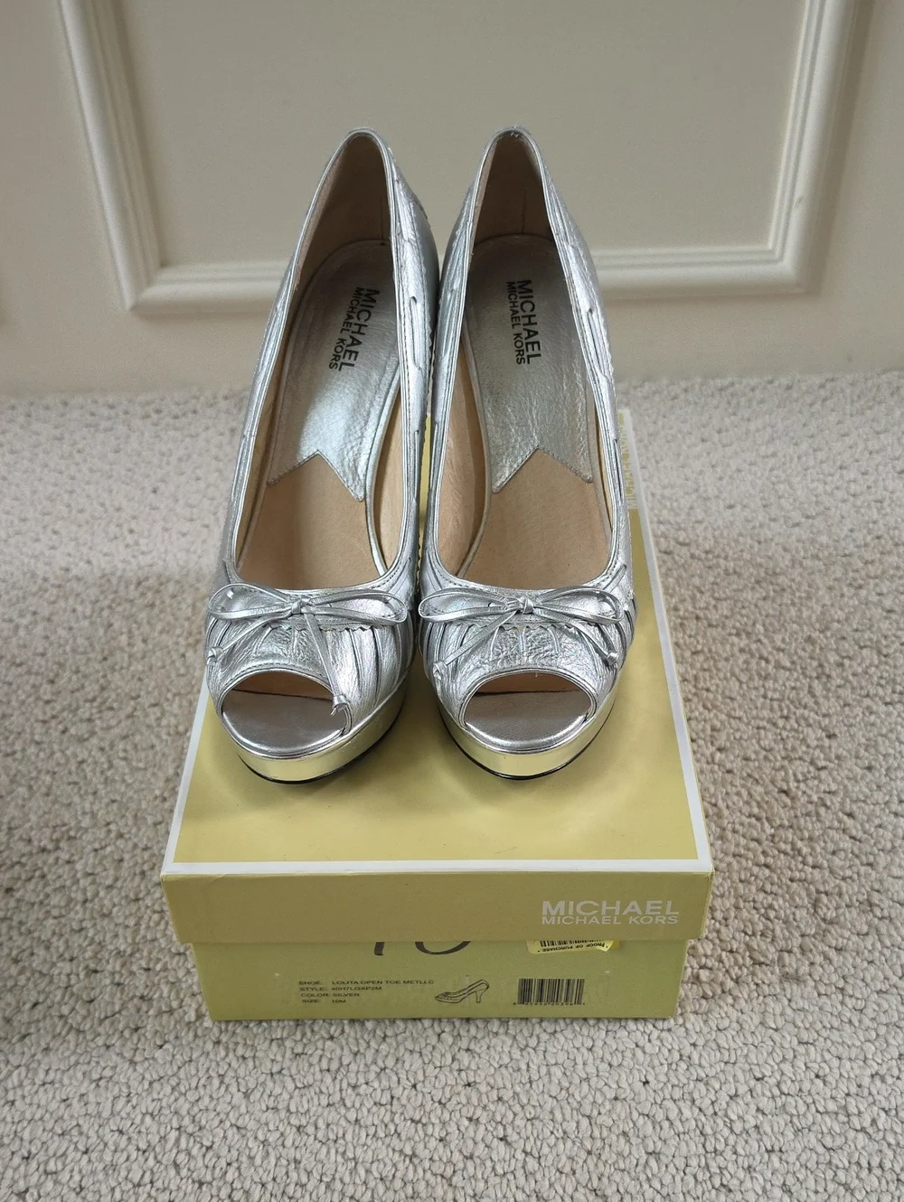 Michael Kors Metallic Silver Peep-Toe Heels with Bow Detail